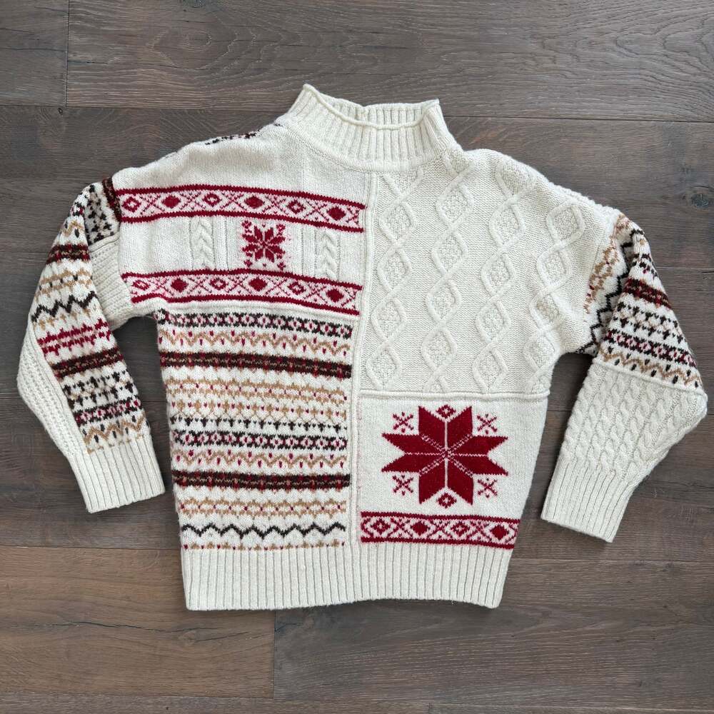American Eagle Mixed Stitch Patchwork Fair Isle Snowflake Mock Neck Sweater Size